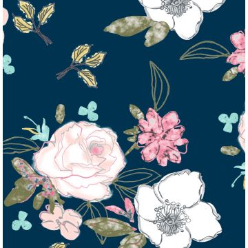 Rayón Chalis Flor Perfil Azul Marino