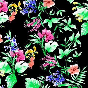 Rayón Chalis Flor Tropical Negro