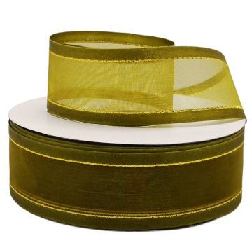 Listón de Organza con Orilla Metálica Verde Olivo-Oro #9