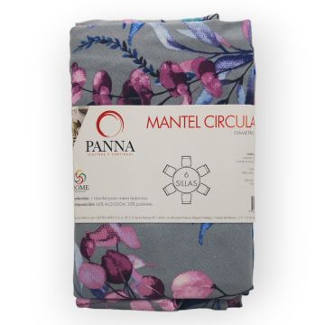 Mantel Decorativo Redondo Loneta Estampada Gris Perla Botánico