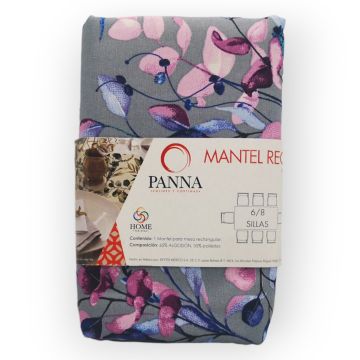 Mantel Decorativo Rectangular Loneta Estampada Gris Perla Botánico Mediano