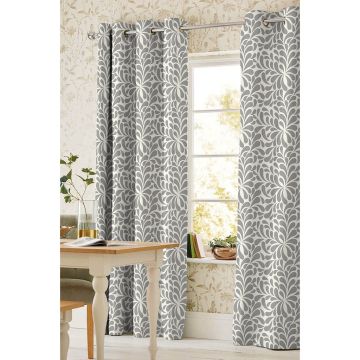 Cortina Decoración Loneta Estampada Arillos Plumas Gris Perla
