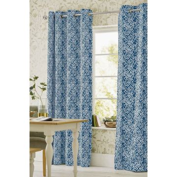Cortina Decoración Loneta Estampada Arillos Círculos Azul Marino