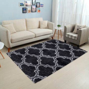 Tapete de Área Decorativo Faux Fur Fuffy Negro Rombos Grande