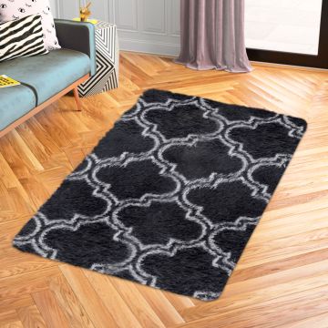 Tapete de Área Decorativo Faux Fur Fuffy Negro Rombos Mediano