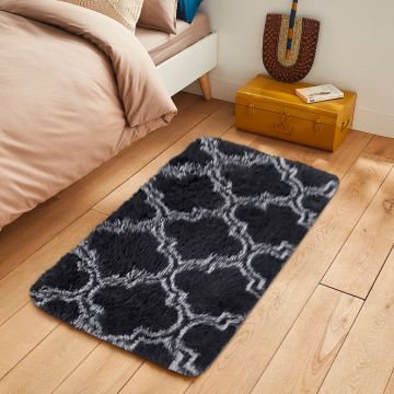 Tapete de Área Decorativo Faux Fur Fuffy Negro Rombos Chico
