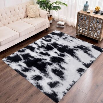 Tapete de Área Decorativo Faux Fur Fuffy Negro Animal Print Mediano