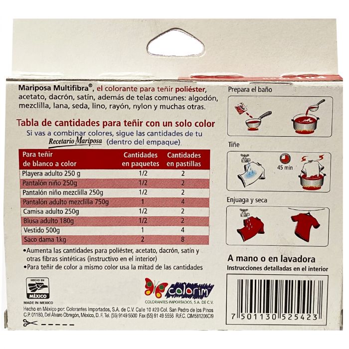 Colorante para telas Mariposa Multifibra Rojo No.104 de